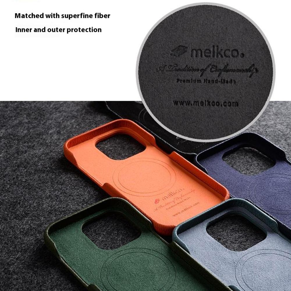 MELKCO For iPhone 14 Anti-drop Case Genuine Cow Leather+PC Phone Cover Compatible with MagSafe