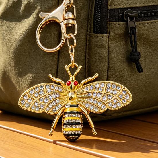 Keychain Pendant Zinc Alloy Rhinestones Bee Shape Key Chain with Lobster Clasp Easy to Hang Key Holder Backpack Car Accessory