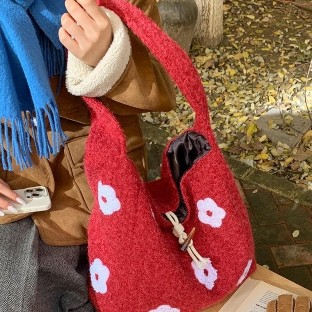 Large Capacity Plush Tote Bag Soft Polyester Lining Floral Handle Bag Underarm Bag  Ladies Purse