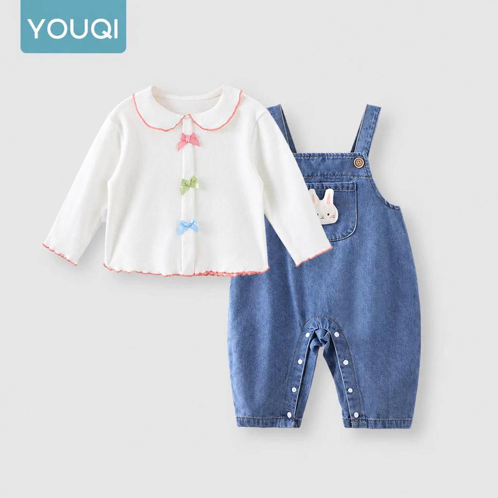 Youqi Autumn 2025 Denim Baby Girl Pants Set: Two-Piece Outdoor Wear