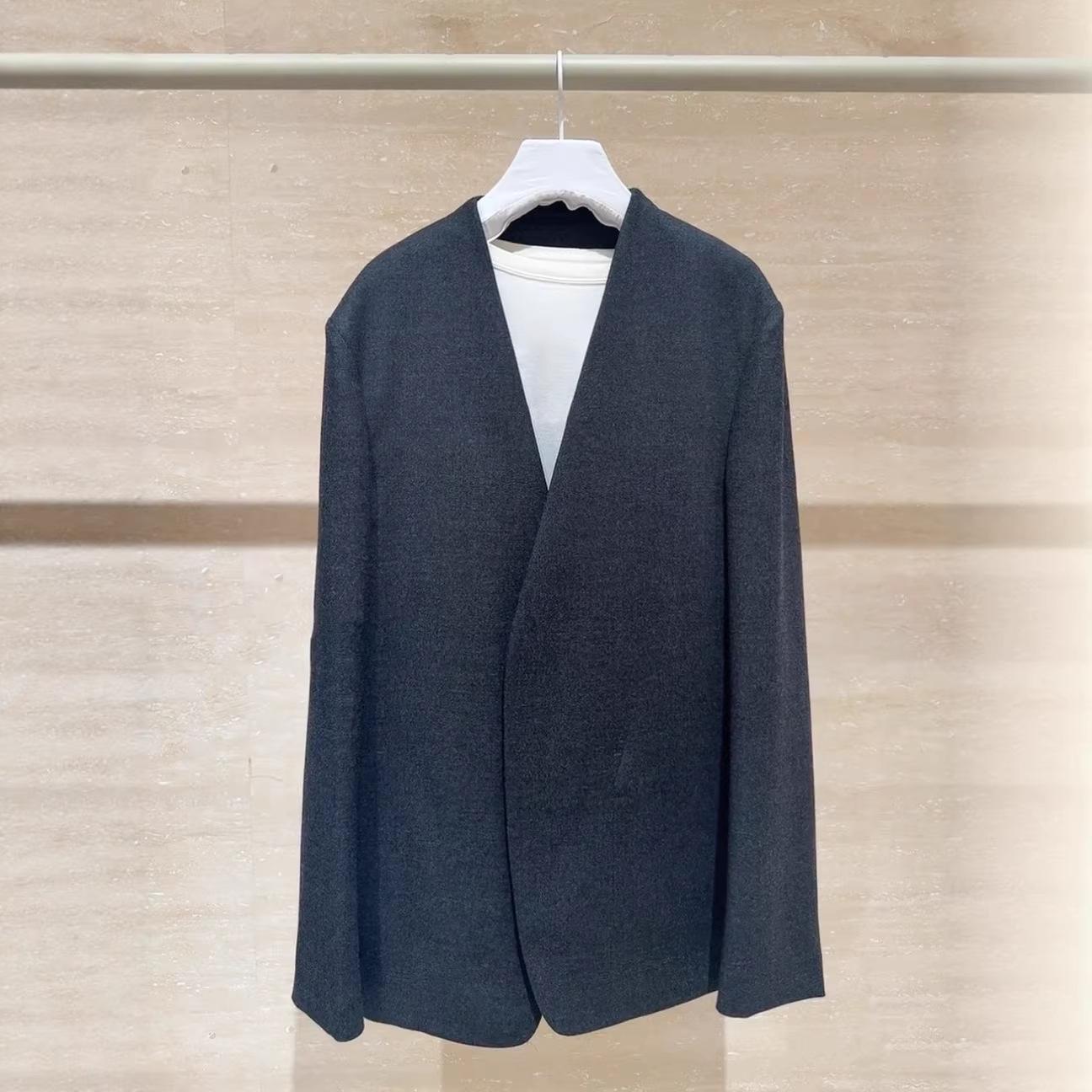 Унисекс Минималистичный шерстяной блейзер без воротника 2026 - Коллекция Ранняя весна S темно-серого