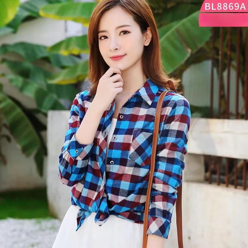 100% Cotton Women's Blouse Plaid Shirts Women's Long Sleeve Top S-5XL,Single Breaste Button Women's Shirt With Chest Pockets