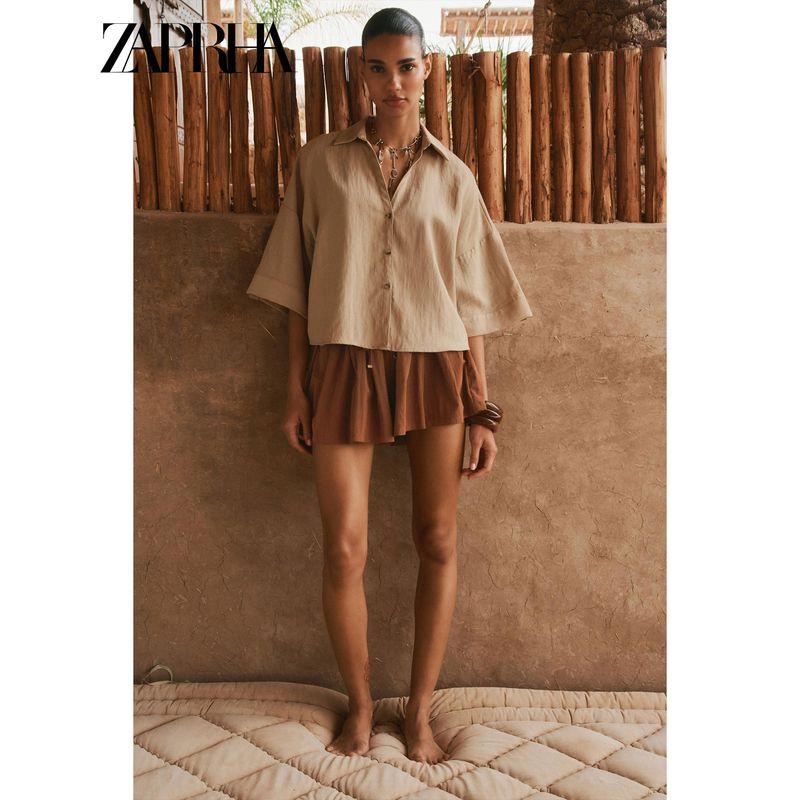 Zaprha2025 Summer New Retro Niche Width Short Sleeve V-neck Top Shirts Women Loose Feeling 8372225