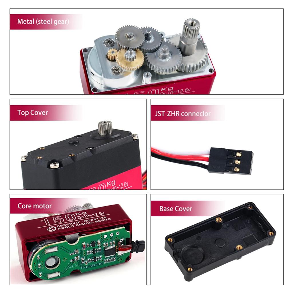 Rcmall RDS51150 Digital Servo Motor, 150kg High Torque, Metal Gear, Dual Shaft, 12V DC, IP66 Waterproof, for RC Cars and Robots, with U-Bracket (270°)
