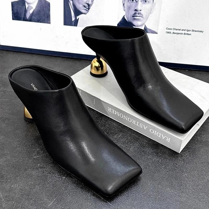 Fashion Square Toe Elegant Women Slippers Fad Mid Heels Leather Sandals Mule Shoes 2025 New Trend Spring Designer Dress Femme Chaussures
