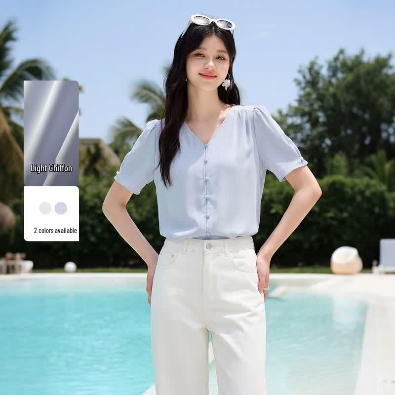 Women s French V-Neck Puff Sleeve Button-Front Chiffon Blouse S