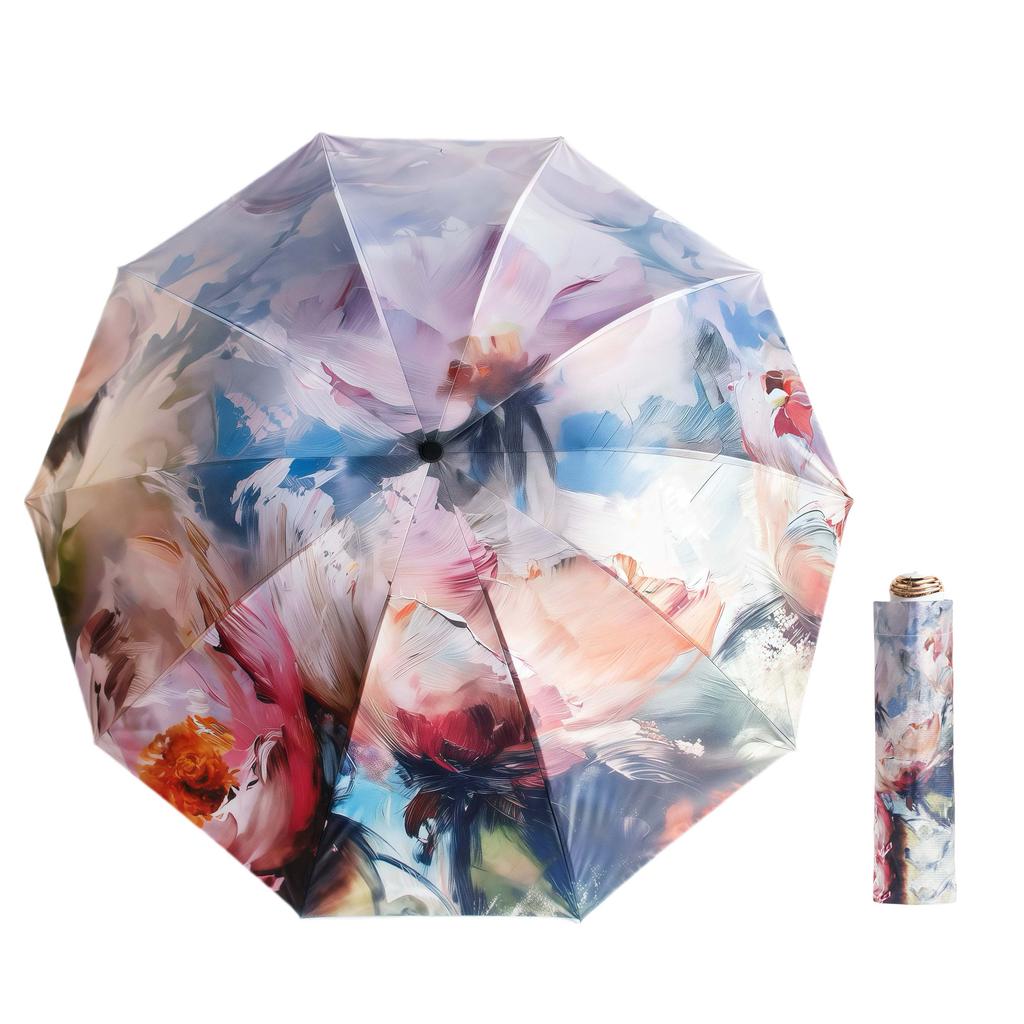 Vintage Oil Paint Print Folding Umbrella - Reinforced Wind & Rain Protection, Uv Sunscreen, Perfect For Daily Use & Travel, Idea
