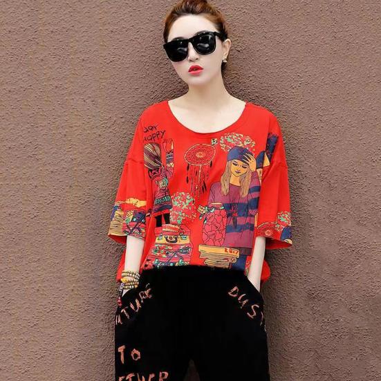 2 stk/sett Dame T-skjorte Bukser Sett Hip Hop Style Print V-hals Halv Erm Topp Ankelbånd avkortede bukser Streetwear Klær Reise Daglig antrekk