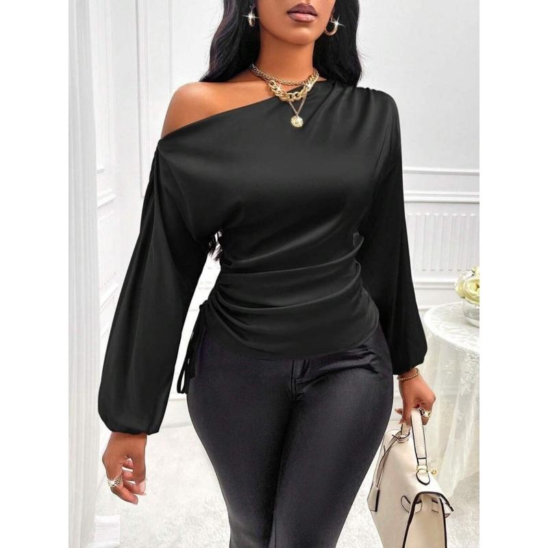 Women's Spring Fashion New Asymmetrical Diagonal Collar Long Sleeve Top