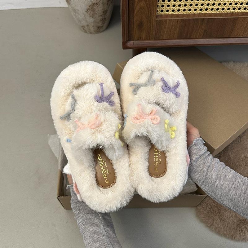 Thick-bottomed bow-tie versatile fluffy slippers 2025 autumn new sweet girl heart fashion outer wear home cotton mop