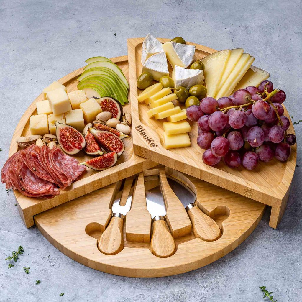 Bamboo Cheese Board Set - 37cm Swiveling Charcuterie Board with Slide-Out Drawer - Anniversary Birthday Housewarming Gift