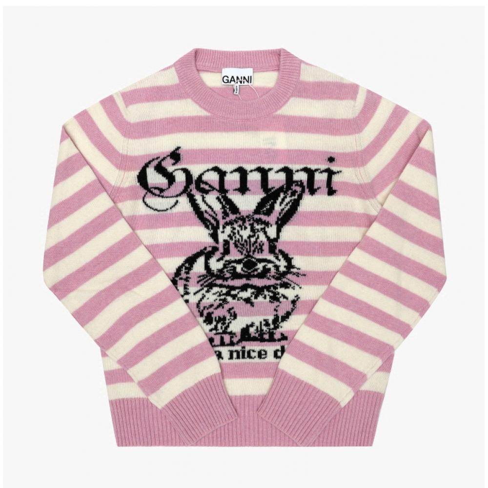 Ganni Damen Strickpullover Bunny Grafik Logo Wollmischung Streifen K2426 065