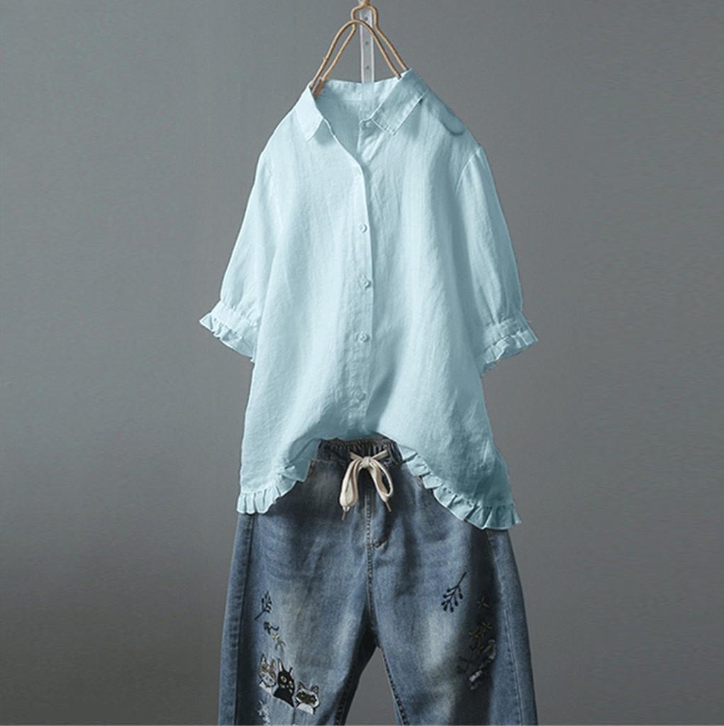 

Женская кружевная пуговица с отложным воротником и средним рукавом, однотонная футболка, верхняя блузка XXXL