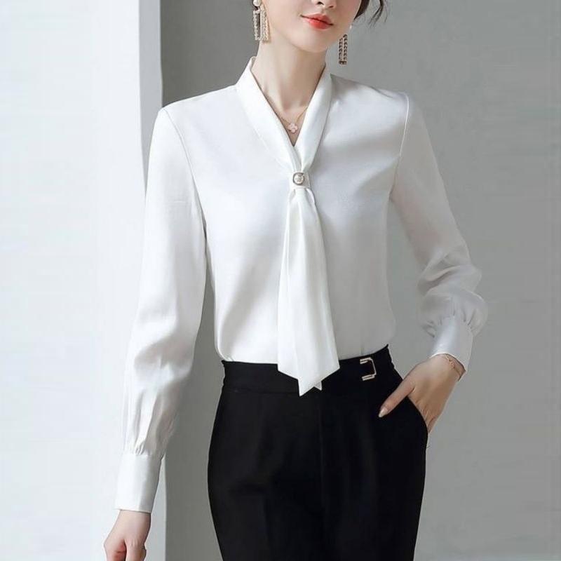 Korean Elegant Office Lady Shirt Spring Autumn Women Bow Chic Temperament Long Sleeve Loose Blouse Tops Blusas Mujer
