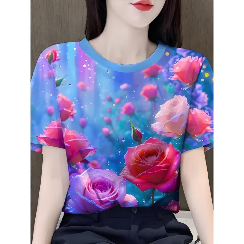 Summer Bestseller Beautiful Rose Flower 3D Print Short Sleeve Women's Fashionable round Neck T-Shirt Polyester Oversize
