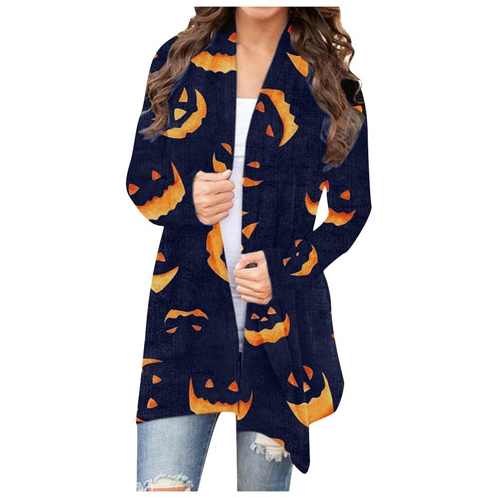 Cardiganjakke med Halloween-kattetrykk for kvinner