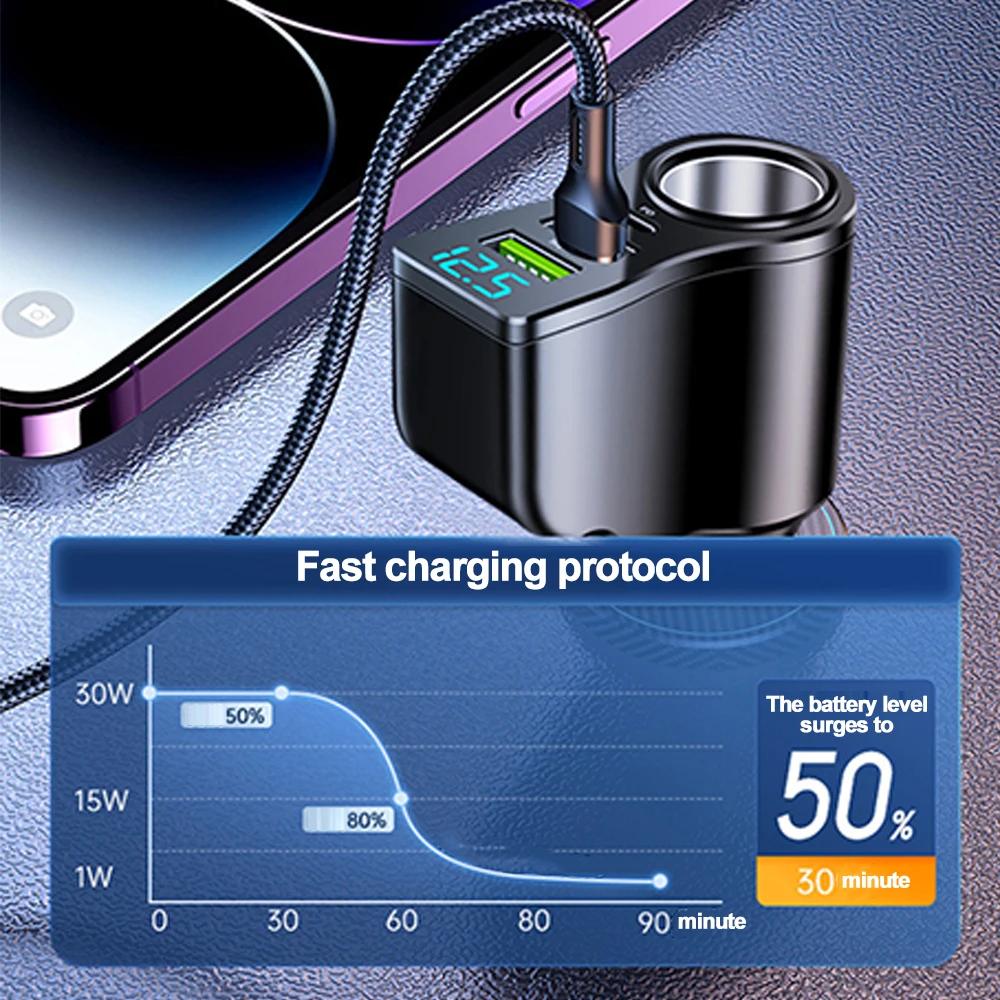 4 in 1 66W Car Charger Super Fast Charging Adapter with Voltage Digital Display 12V/24V Dual USB Ports For iPhone Huawei