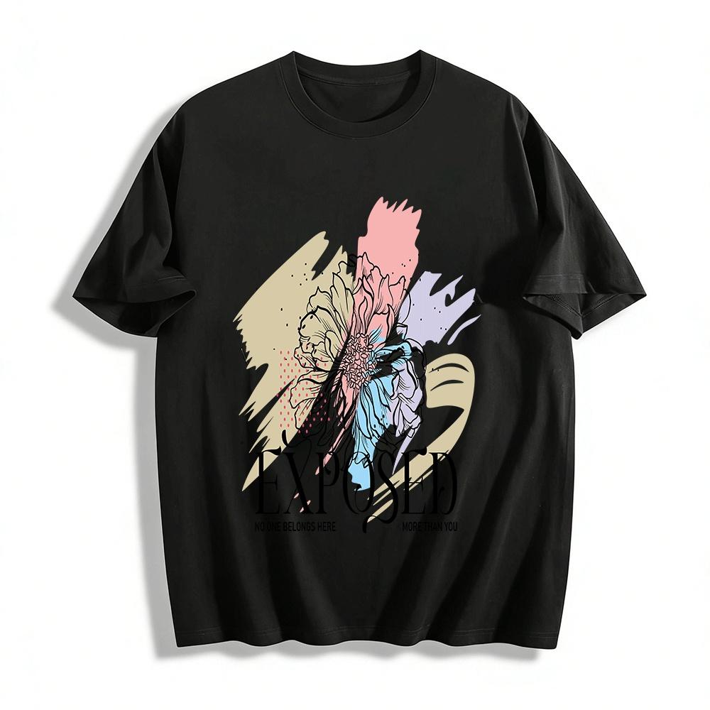 

Hand-Drawn Color-Block Floral Print Top EXPOSED Slogan Casual Tee Pure cotton T-shirt XXS