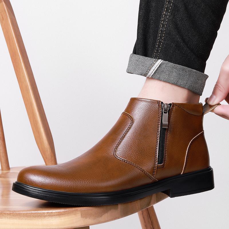Stylish Walking Shoes Side Zip Ankle Boots Waterproof Slip-Resistant Casual Winter Shoes Men's Genuine Leather Chelsea Boots