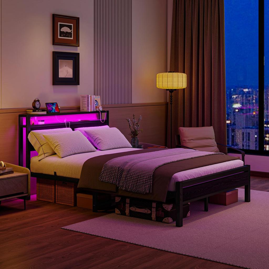 Bed 140x200 with Storage, Metal Bed Frame with USB Charging Function & LED Lighting, Modern Storage Bed with Headboard Shelf, Youth Bed/Guest Bed