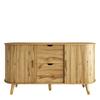 Sideboard mit vertikaler Maserung, zwei Schiebetüren, zwei Schubladen, Beine aus Massivholz und Eckschrank mit abgerundeten Ecken für das Wohnzimmer.