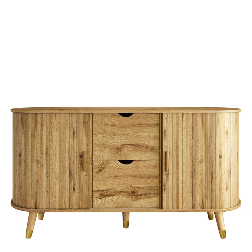 Sideboard mit vertikaler Maserung, zwei Schiebetüren, zwei Schubladen, Beine aus Massivholz und Eckschrank mit abgerundeten Ecken für das Wohnzimmer.