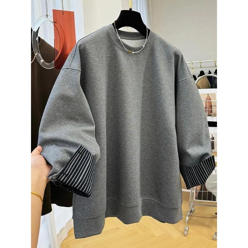 Autumn Winter Women's Pullover Round Neck Hoodie Lazy Style Splicing Design Fake Two Piece Loose Long Sleeve Tops