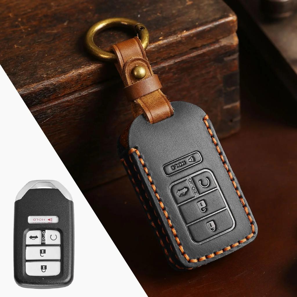 Leather Car Key Cover Keychain Holder Case Protector for Honda Accord Civic Pilot Fit Keyless Go Smart Remote Shell Accessories