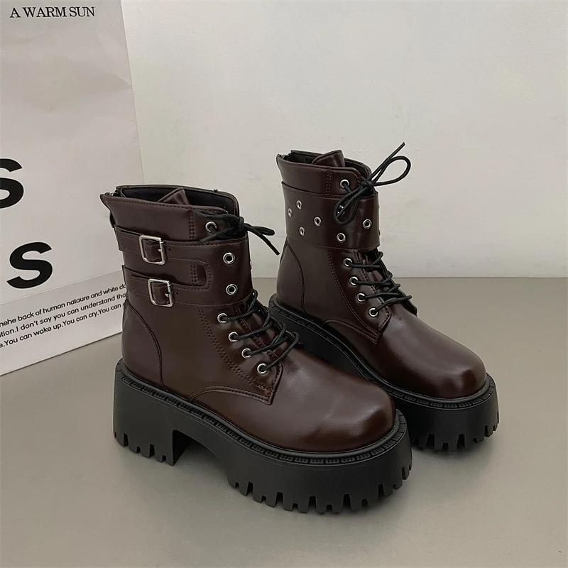 Fashion Lace-up Combat Women Ankle Boots 2024 Chunky Heel Platform Women Boots British Style Thick Sole Increase Height Casual Boots