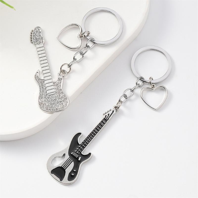 Elegant Full Rhinestones Hollow Metal Guitar Keychain Metal Keyring Pendant for Music Lovers and Fashion Enthusiasts