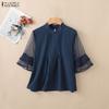 ZANZEA Women Casual Stand Collar Loose Sheer Mesh Splice 3/4 Sleeve Blouse