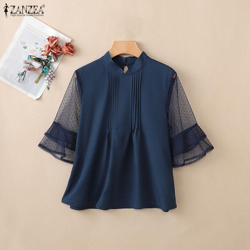 ZANZEA Women Casual Stand Collar Loose Sheer Mesh Splice 3/4 Sleeve Blouse
