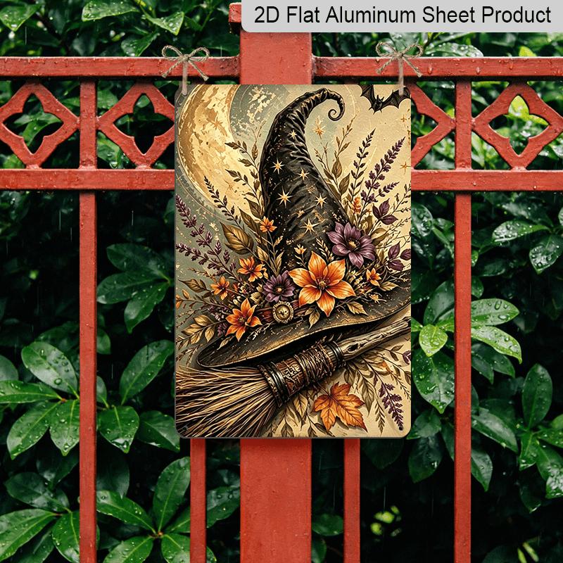 2D Flat, 1pc Halloween Decorative Sign & Plaque, Vintage Floral Witch Hat & Broom Aluminum Sign, Spooky Fun Decor, Halloween Artwork Wall Decor