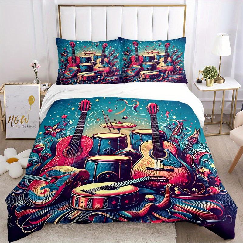 3pcs Music Instruments Bedding Cover Set, Fashion Classic Popular Print Bedding Set, Soft Comfortable, All - Season Use, For Bedroom, Guest Room127