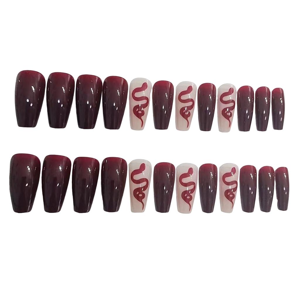 Woman Glossy Press-on Nail Wine Red Snake Pattern Ballerina Artificial Nail for Salon Expert and Naive Women