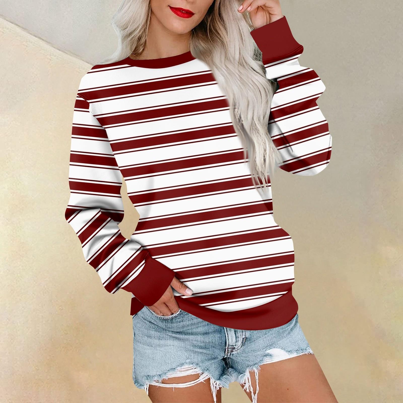 

Свитшот с длинным рукавом для женщин с полосатым принтом, футболки, блузки, повседневные, больших размеров, базовые топы, пуловеры XL винный