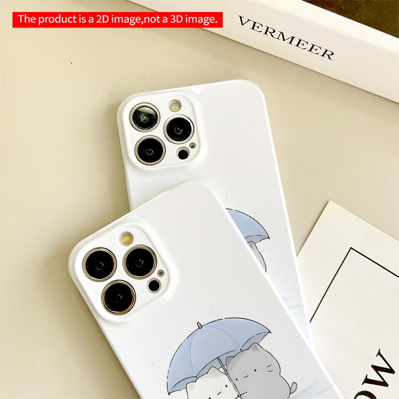 2DFlat Cute Cats Sharing Umbrella in Rain All inclusive film hard iPhone case, compatible with iPhone 18 Pro Max 17 16 15 14 13 12 11