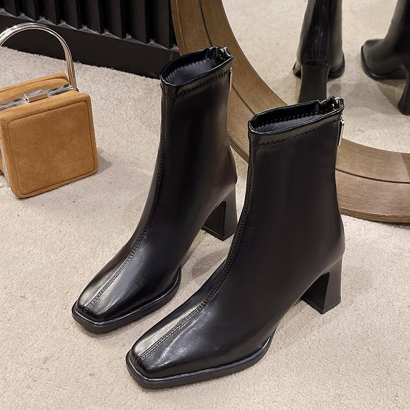 New High Quality Ladies Shoes Zipper Women's Boots Autumn Square Toe Solid Short Barrel Chunky Heels Fashion Mid Calf Boots