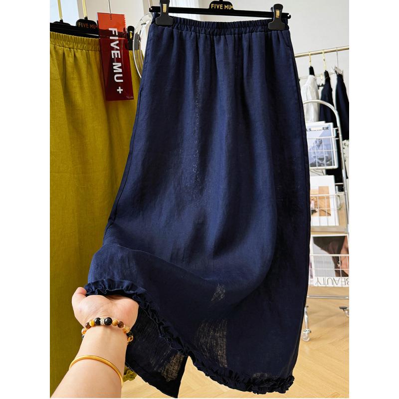 3731 Elegant Korean-Style Linen Ruffle Midi Skirt for Women