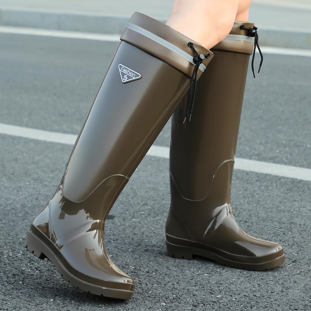 Fashion Extra High Tube Women's Rain Shoes Velvet Warm Non-slip Wear-resistant Versatile Rain Boots Outdoor Mountaineering Car Wash Waterproof Shoes