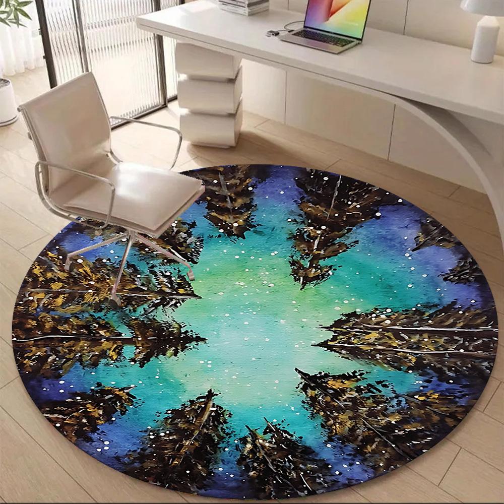 1PC Forest Reflection Aurora Office Round Area Rug, Indoor Mat Suitable For Office, Under Office Chairs Bedroom Living Room Home Decor, Room Deco 052