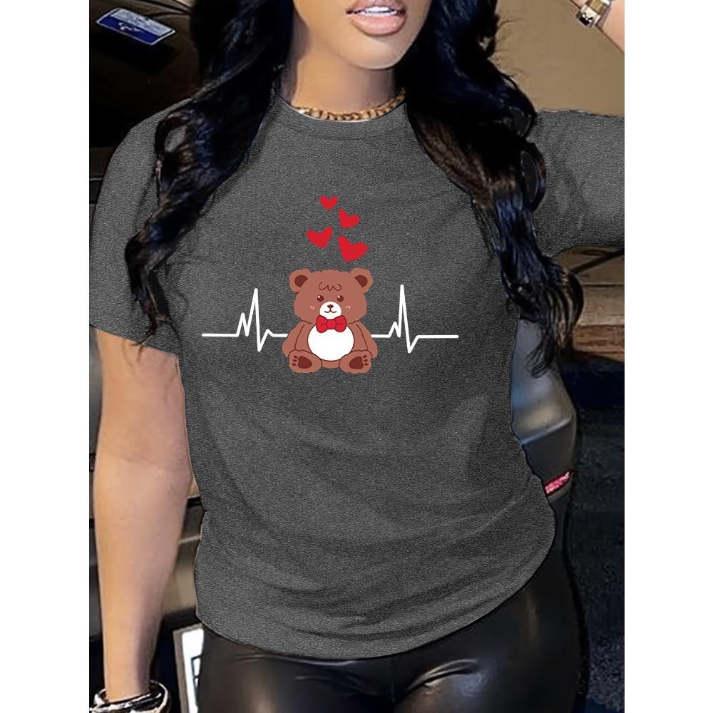 Teddy Bear Heartbeat Women's Tee - Cute Love Graphic, Casual Burgundy Top