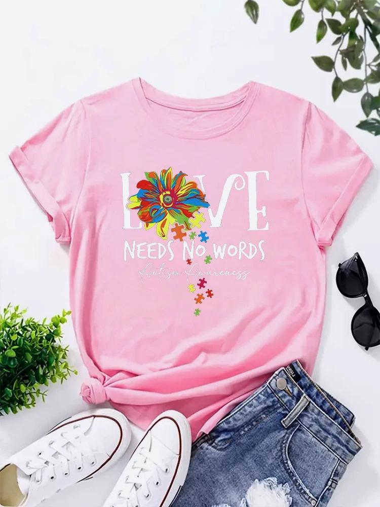 

2025 Summer New Womens Round Neck Letter Printed T Shirt Love Needs No Words Top Summer Casual Women Tshirt Clothing 4XL