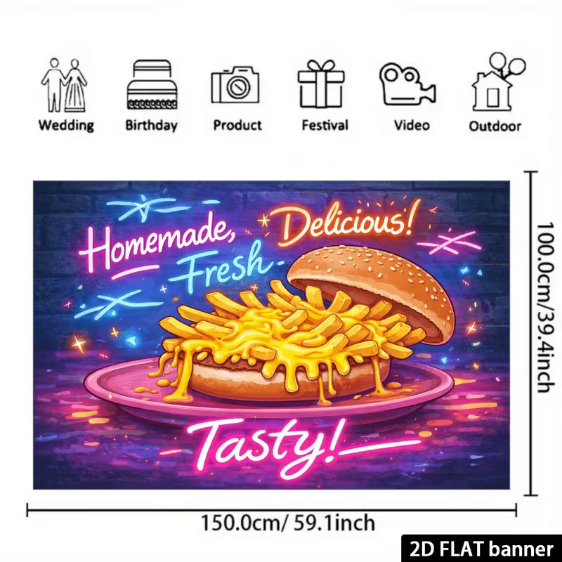 2D Homemade Fresh Burger Tapestry, Delicious Food Store Wall Decor for Cafe