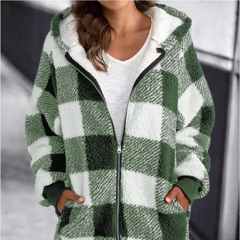 Women's Oversized Zip-Up Sherpa Jacket with Pockets, Plaid Fleece Hoodie Winter Teddy Coat, Cozy and Stylish Outerwear for Cold Weather