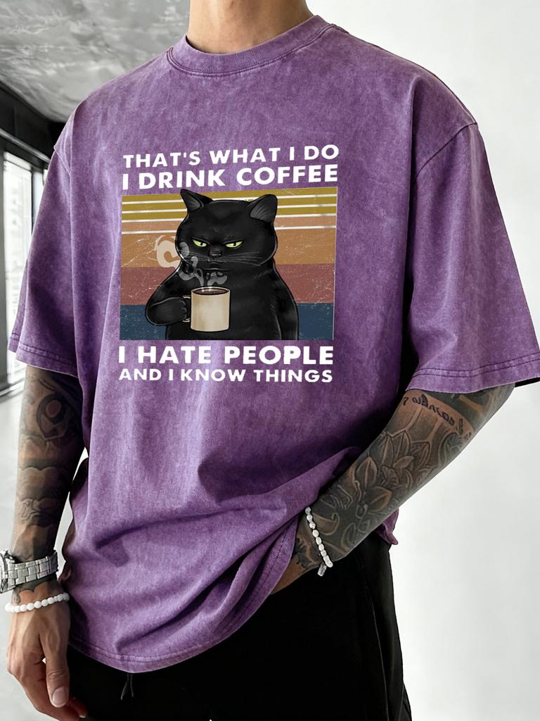 Cats Love To Drink Coffee Pattern Washed TShirts Men Oversized Casual T Shirt Sport Crewneck Tee Tops Cotton Summer Clothes