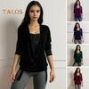 Women Velvet Tops Swing Collar Long Sleeve Drawstring Hem Shirring Pullover Tops Solid Color Sequins Stitching Blouse