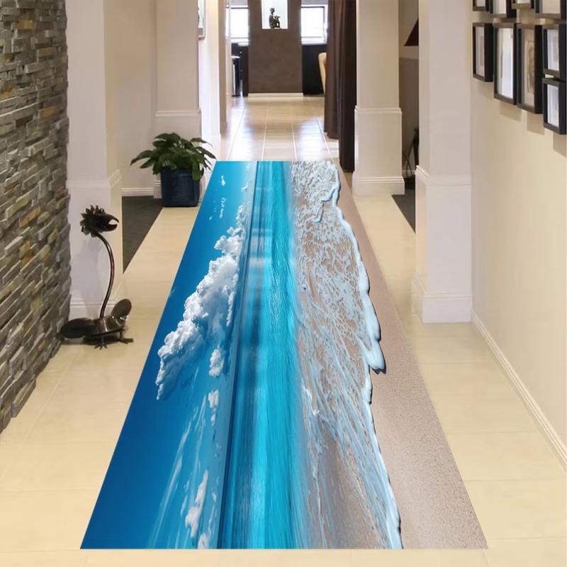 3D Ocean-Sky Gradient Carpet, Photorealistic Beach Wave & Cloud Print Runner Rug Immersive Seascape Floor Mat for Corridor Decor