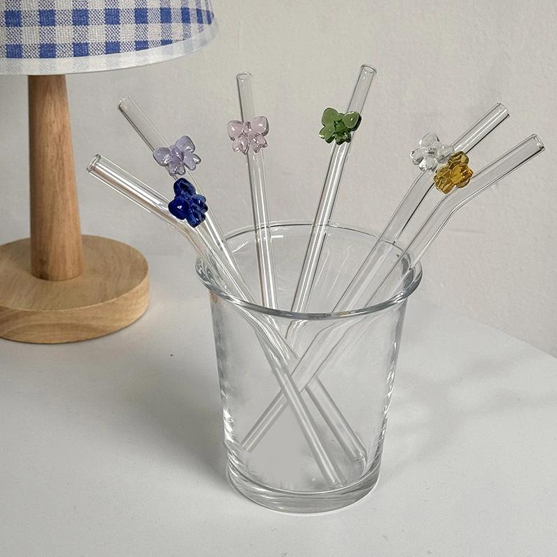19cm 8mm Glass Straw Cute Bowtie Reusable Heat-Resistant Straw Cocktail Juice Drinking Smoothie Straw For Festival Wedding Party