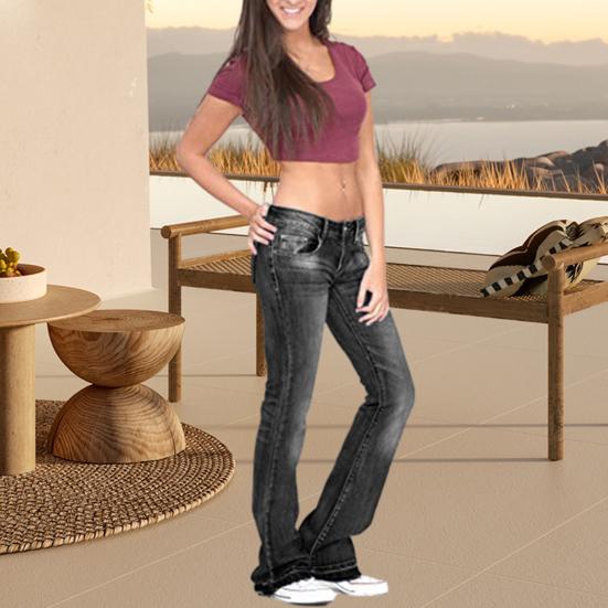 Jeans De Mujer Bolsillos De Cintura Media Cierre De Botón Con Cremallera Elástico Color Degradado Dobladillo Acampanado Retro Slim Fit Colorfast Pantalones Largos De Mujer De Cuerpo Entero